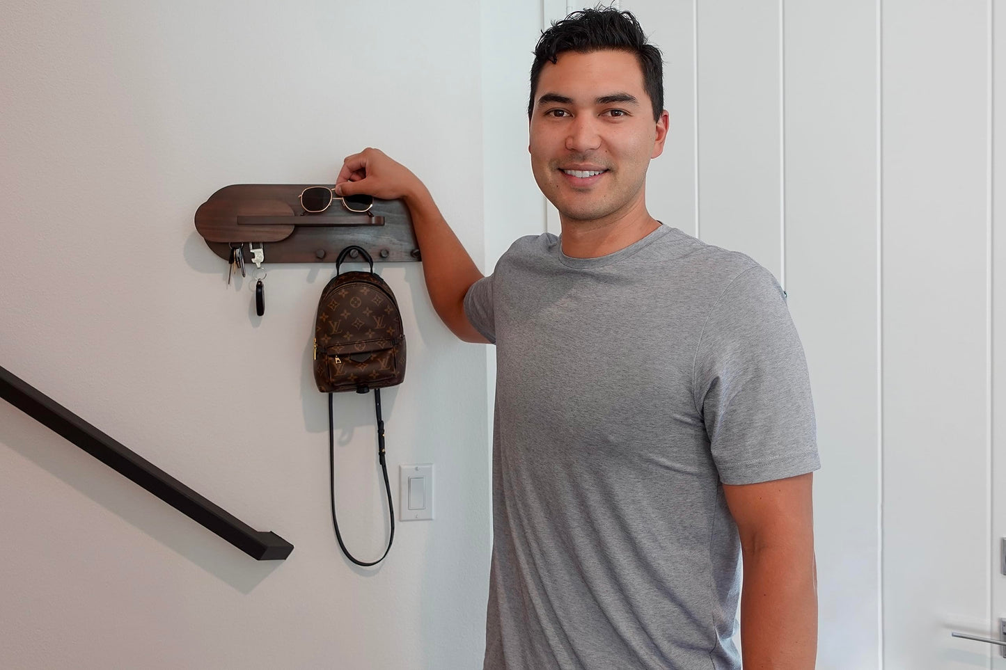 Solid Wood Mail and Key Holder for Wall Decorative Display - Includes Mail Holder, Shelf with Hooks for Keys & Pegs for Hanging Hats, Coats, Bags, Backpacks & More - Sleek Modern Design, Walnut Brown