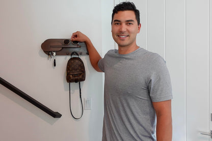 Solid Wood Mail and Key Holder for Wall Decorative Display - Includes Mail Holder, Shelf with Hooks for Keys & Pegs for Hanging Hats, Coats, Bags, Backpacks & More - Sleek Modern Design, Walnut Brown