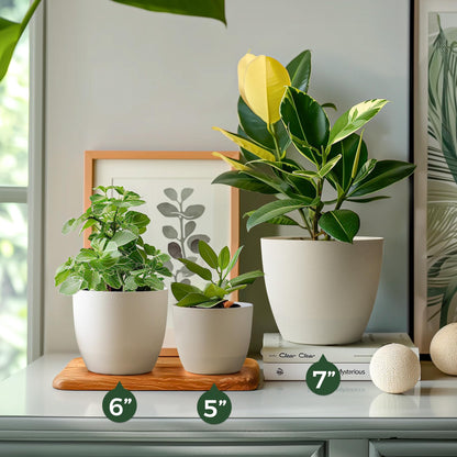 T4U 7 Inch Self Watering Planters Plastic Plant Pot, Modern Decorative Flower Pot/Window Box for All House Plants, Flowers, Herbs, African Violets, Succulents - White, Set of 6