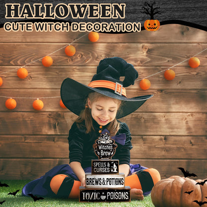 4 Pcs Halloween Table Decor Witches Brew Wooden Sign Halloween Tiered Tray Decor Farmhouse Witches Tabletop Centerpiece Spells Curses Potions Wooden Block Signs for Home Office Kitchen Shelf