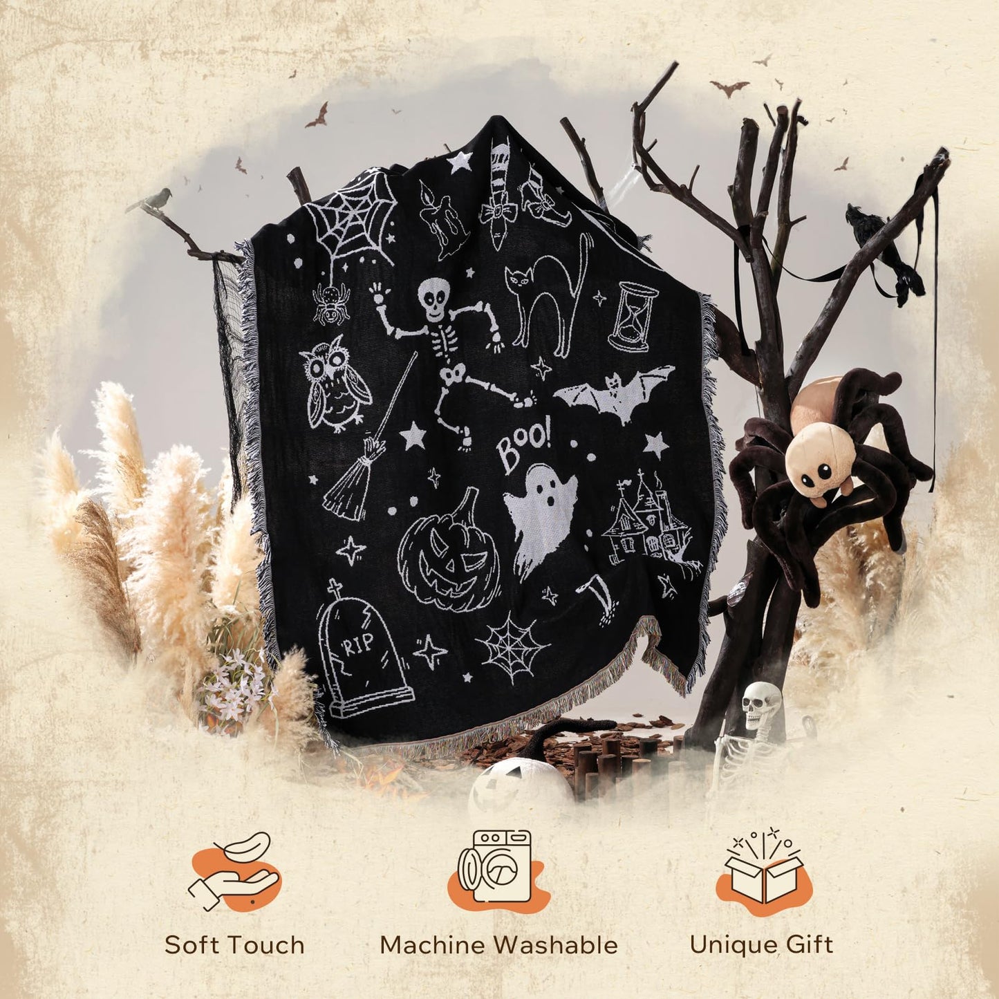 Phantoscope Happy Halloween Blanket, Soft Jacquard Knitted Throw Blanket with Tassel, Warm Cozy Blanket with Skeleton Bat Ghost for Couch Living Room Bedroom, Black, 50 x 60 inches