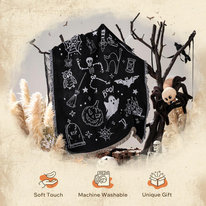 Phantoscope Happy Halloween Blanket, Soft Jacquard Knitted Throw Blanket with Tassel, Warm Cozy Blanket with Skeleton Bat Ghost for Couch Living Room Bedroom, Black, 50 x 60 inches