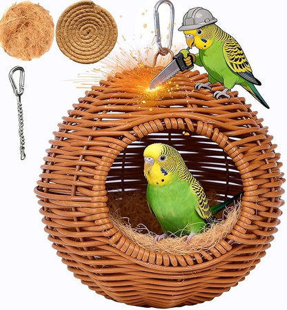 Parakeet Nest Bird Cage Accessories, Chew-Proof Steel Frame & Washable Small Bird Hanging Bed for Lovebirds, Canaries, Budgies 、Lizards, Hamsters(Brown, 6.3"x6.3"x7.5")