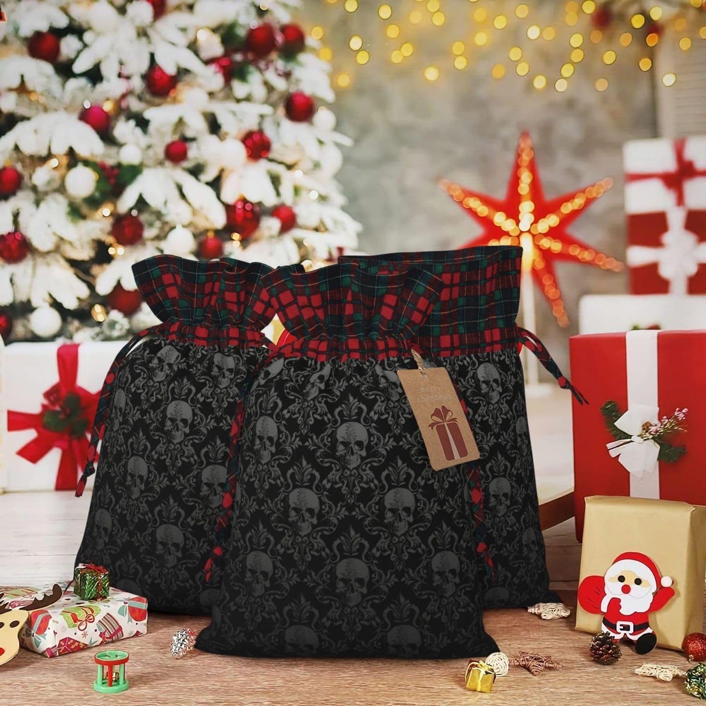 PVTIONXIE Gothic Black Skull Christmas Gift Bags with Drawstring, Reusable Gift Wrapping Bags For Xmas Holiday