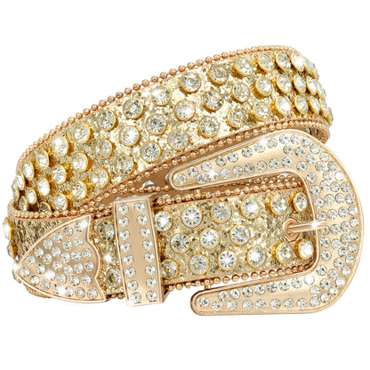 WHIPPY Women Western Rhinestones Belts Men Studded Belt for Jeans Bling Cowgirl Cowboy Waist Belt with Removable Buckle, Gold Sequin, M