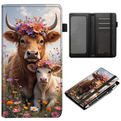 RMJKXQZG Leather Checkbook Wallet, RFID Blocking Pen Holder Large Compartment for Cash Checkbook Compartment Card Slot for Checkbook Holder Checkbook Cover, Wildflowers And Cute Cow Cattle
