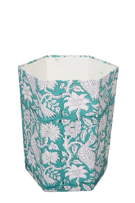 3.3 Gallon Cotton Hand Block Printed Paper Waste Basket |Small Decorative Trash Can for Housewarming Gifts in Living Room, Bedroom, Bathroom | Eco-Friendly, Plastic-Free (1, L, Green White MOR)