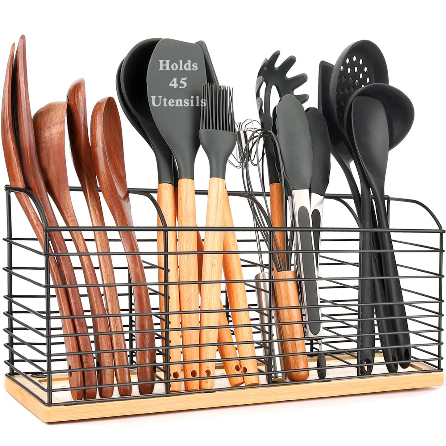 PrimZooty Extra Large Utensil Holder for Kitchen Counter - 15.7"x 6.7"x 4.4", Aesthetic Design, Anti-Slip Mat, 4 Compartments, Black Cooking Utensil Organizer for Countertop, Spatula Utensil Caddy