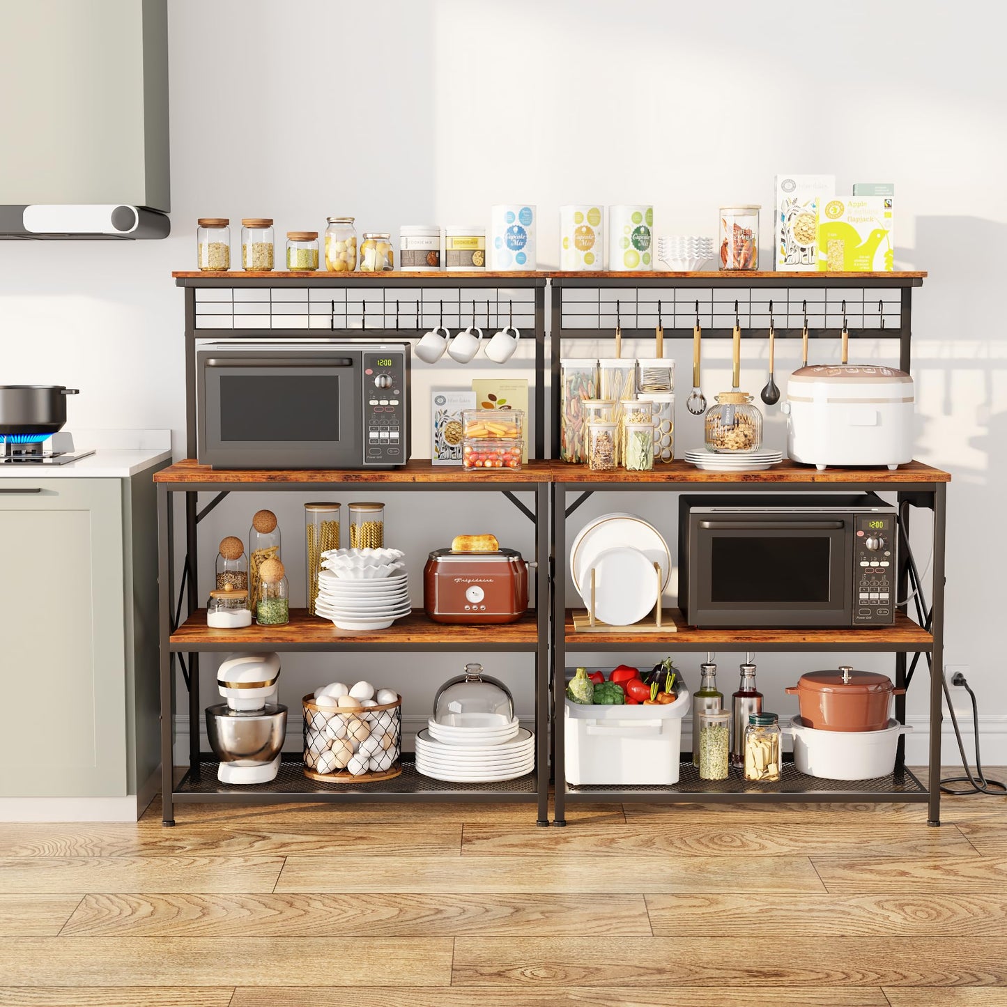 Furologee Kitchen Bakers Rack with Power Outlet, Microwave Oven Stand with Storage 4 Tiers, Coffee Bar Table with 6 S Hooks, Kitchen Storage Shelf Rack for Spices, Pots, Rustic Brown