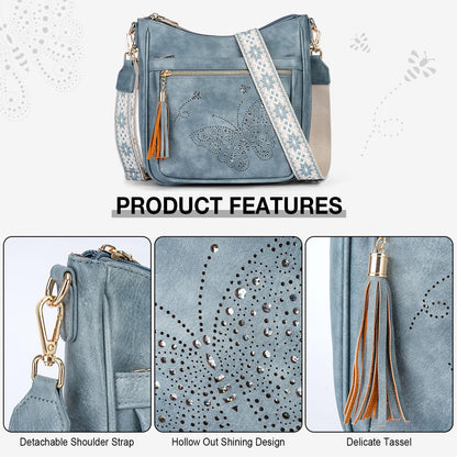 KITEVIUN Medium Crossbody Bags for Women Trendy, Women's Butterfly Shoulder Handbags with Tassel
