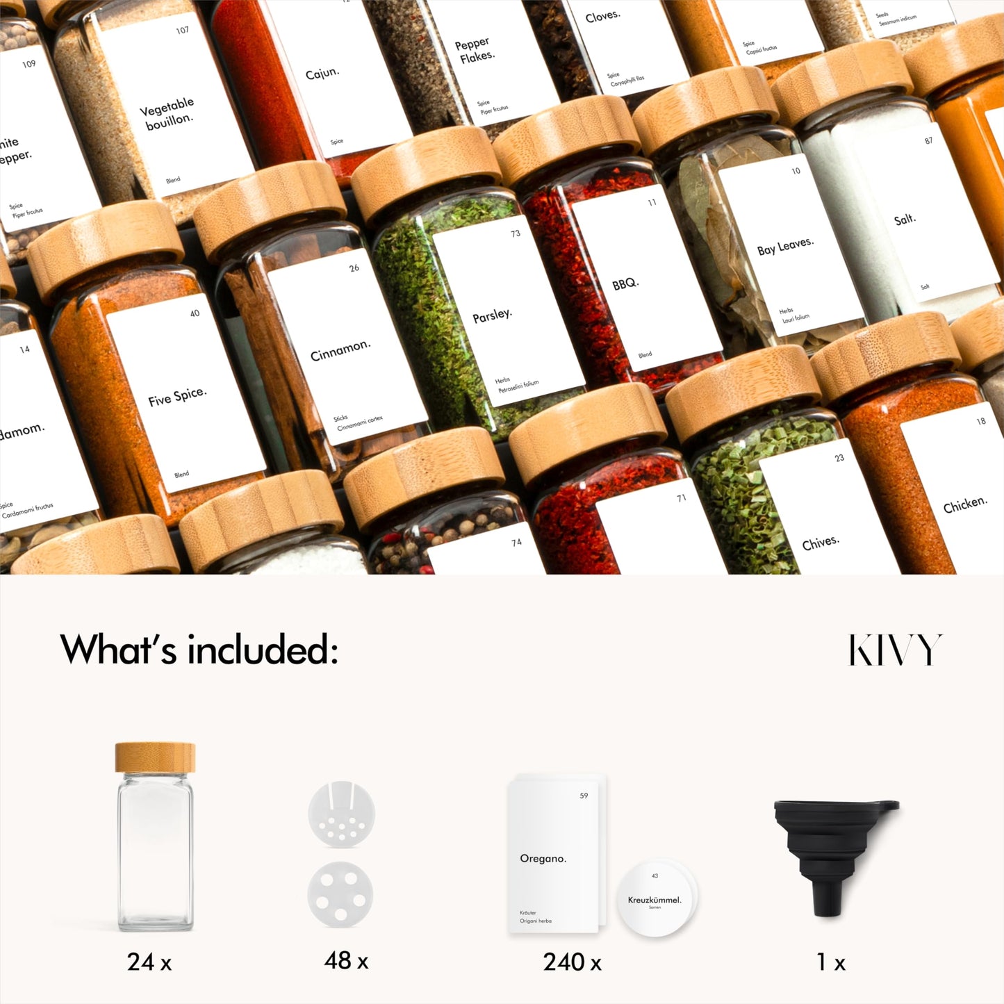 KIVY Spice Jars with Labels [24x 4oz] Glass Seasoning Containers with Airtight Lids for Organization - Empty Square Bottles for Spices & Seasonings with Shaker Lids - Spice Containers Bamboo