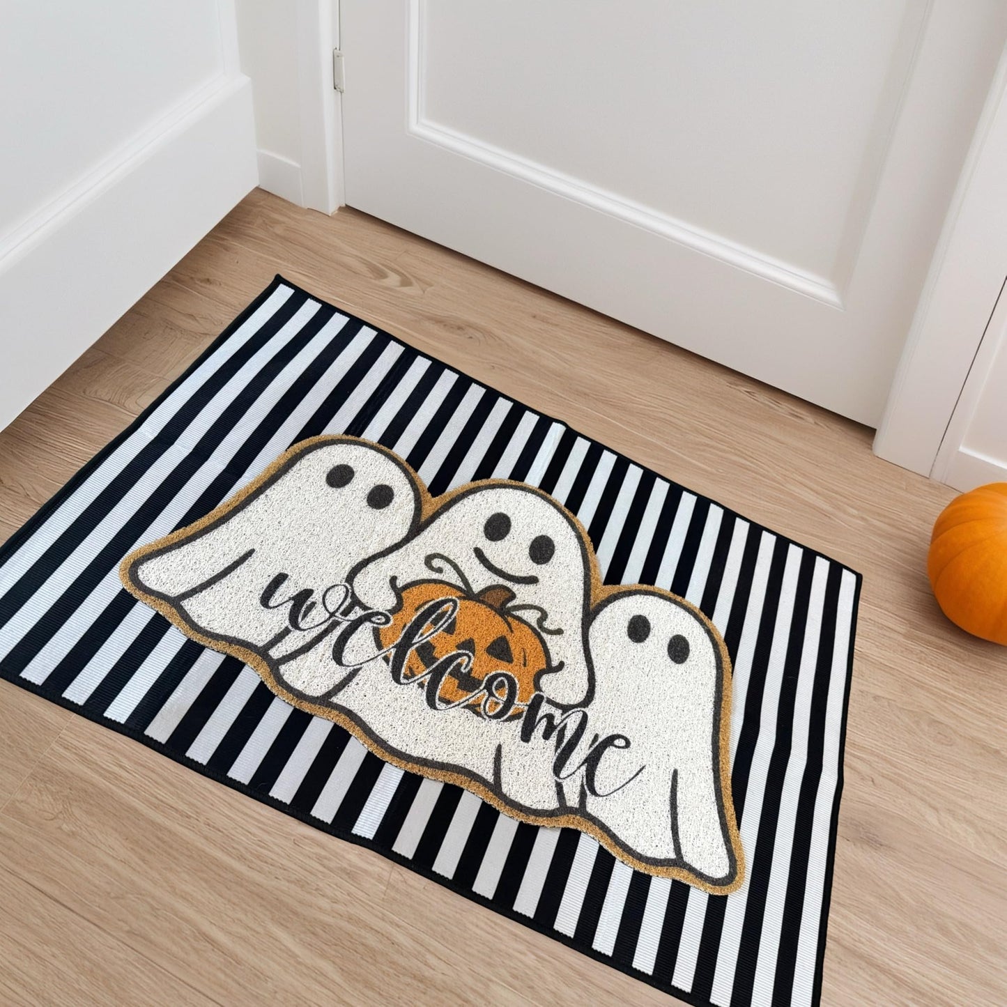 2 Pcs Halloween Welcome Door Mats, Ghost Outdoor Polypropylene Coir Mat with White Ghosts & Pumpkin, Black White Stripe Crystal Velvet Non-Slip Rug for Front Porch Entryway