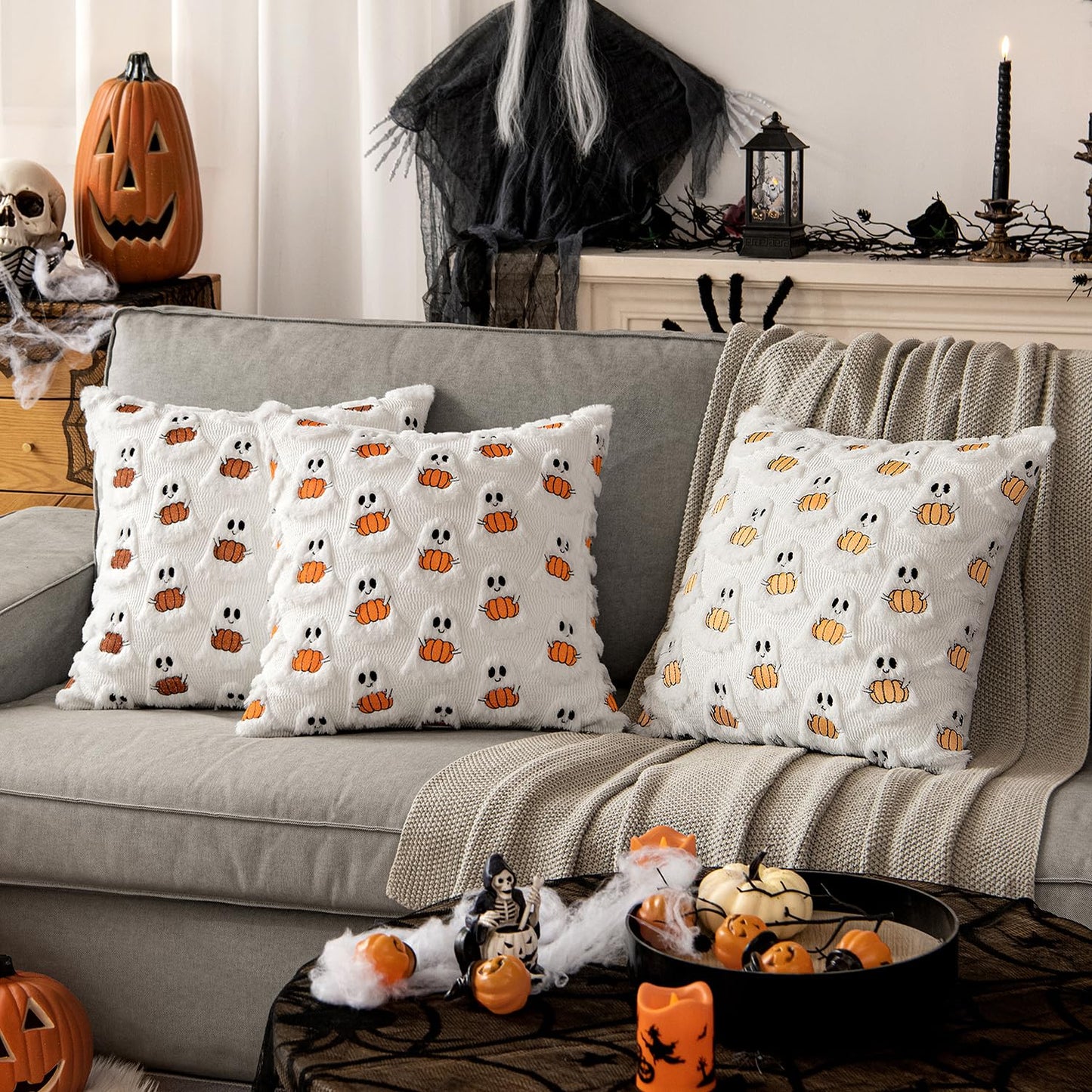 MIULEE Halloween Pillow Covers Decorative Fall Cute Ghost Plush Faux Fur Pillows 18x18 Inch Set of 2 Soft Pumpkin Accents for Sofa Couch Bed Living Room Festive Home Decor, White Bright Orange