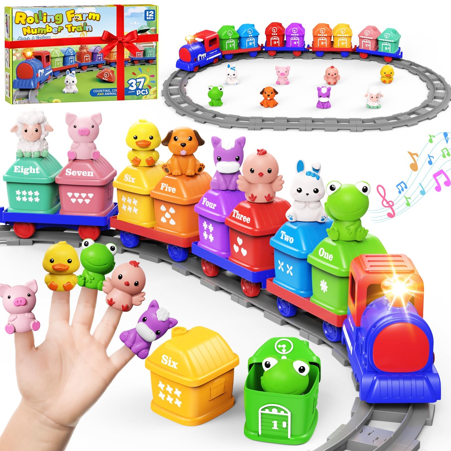 Cmiolacuna Train Set for Toddlers 2-4, Electric Toddler Train Set with Farm Animals, Music & Lights, Montessori Counting & Sorting Learning Toy, Birthday Easter for Boys Girls (Blue)