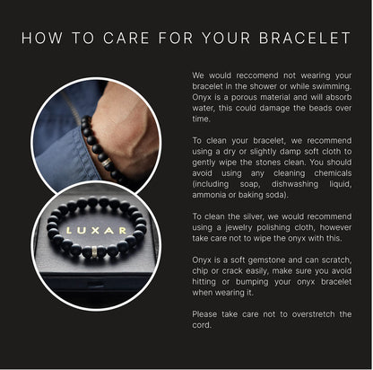 LUXAR Men’s Black Onyx Stone Bead Bracelets | Matte Black 8mm Stone | Minimalist, Designer Jewelry for Men (925 Silver, Small)