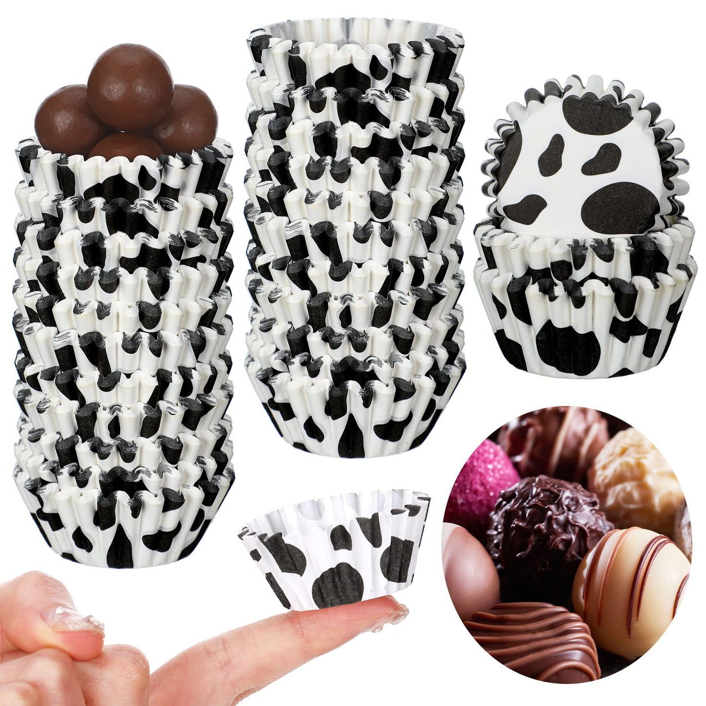 Pinkunn 600 Pcs Cow Print Paper Cupcake Liners Mini Cupcake Liners Muffin Baking Cups Small Candy Cups Making Supplies for Birthday Shower Theme Graduation Party Decoration