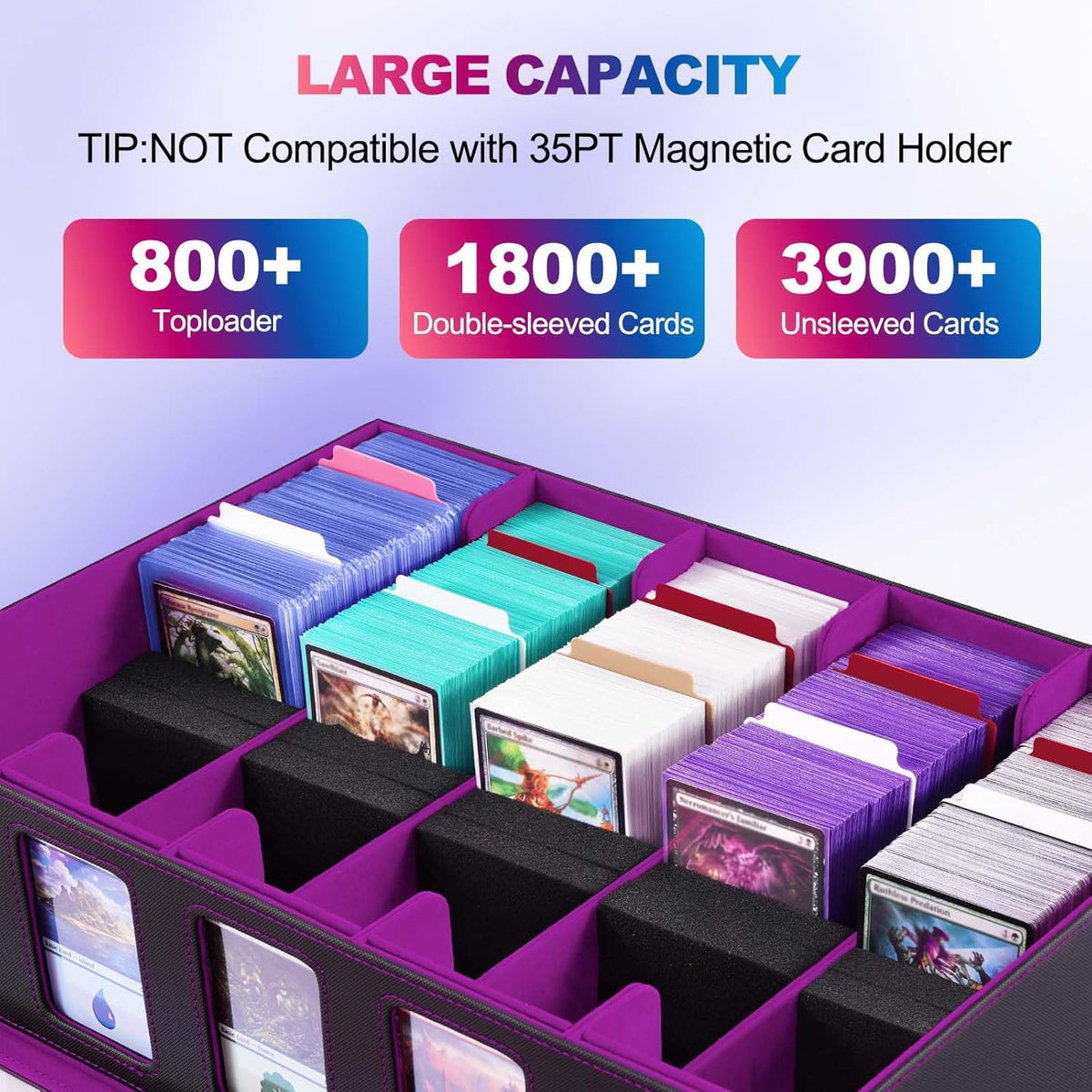 Trading Card Storage Box with Commander Display, 5 Row Magic Card Box with Handle & Aluminum Alloy Locking for 3900+ Unsleeved Cards Suits for MTG PTCG TCG Sports Cards (Black Purple)