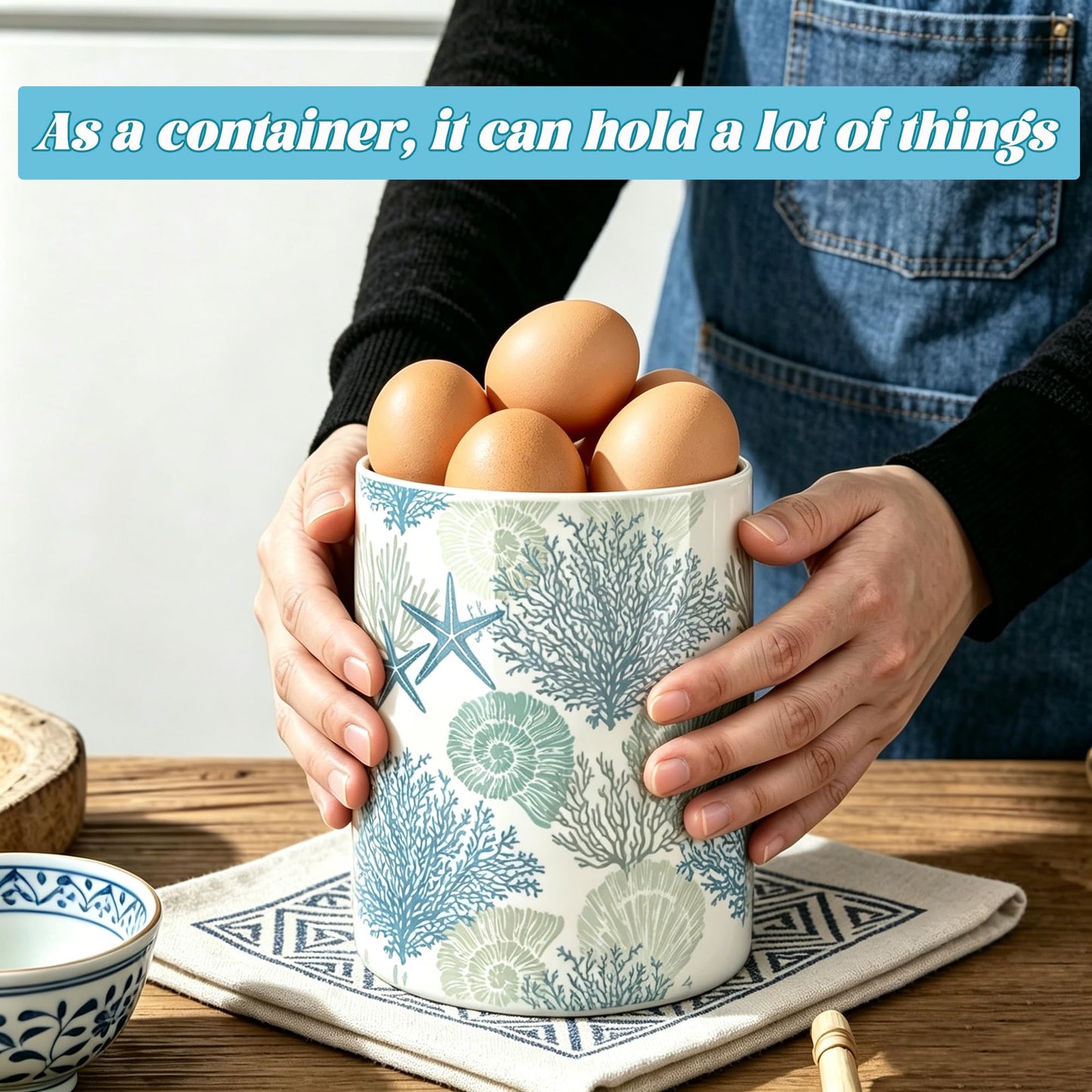 Coastal Utensil Holder, Sea Coastal Ceramic Kitchen Utensil Holder, Utensil Crock for Home Kitchen Countertop Storage Organizer Container, Large Holder for Spatulas, Spoons, Kitchen Counter Decor, 6"