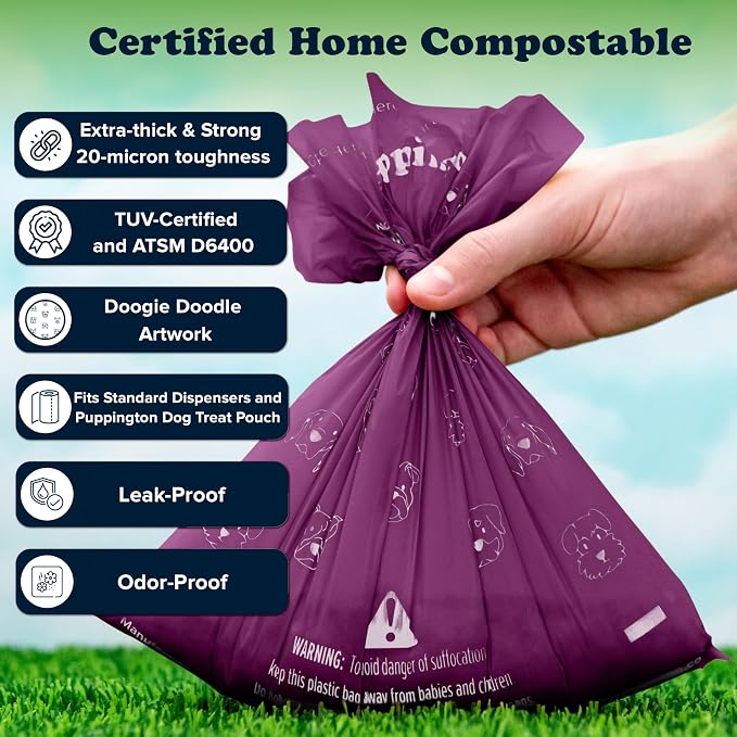 Puppington Certified Home Compostable Poop Bags - ASTM D6400 Compliant - 270 Extra Thick Bags - Plant Based - Pairs with Puppington 3-in-1 Bag & Fits all Standard Poop Bag Dispensers (Plum Wine)