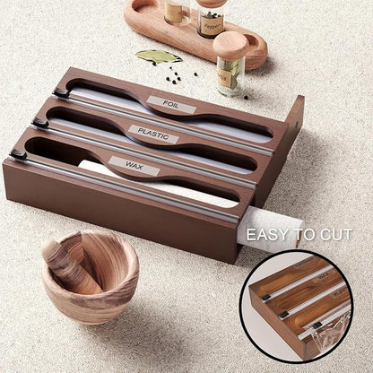 Wrap Dispenser with Cutter and Labels, Plastic Wrap Organizer For Kitchen,Bamboo 3-in-1 Wrap Dispensers for Cling Wrap Aluminum Foil and Wax,Storage Organization Holder（Brown）