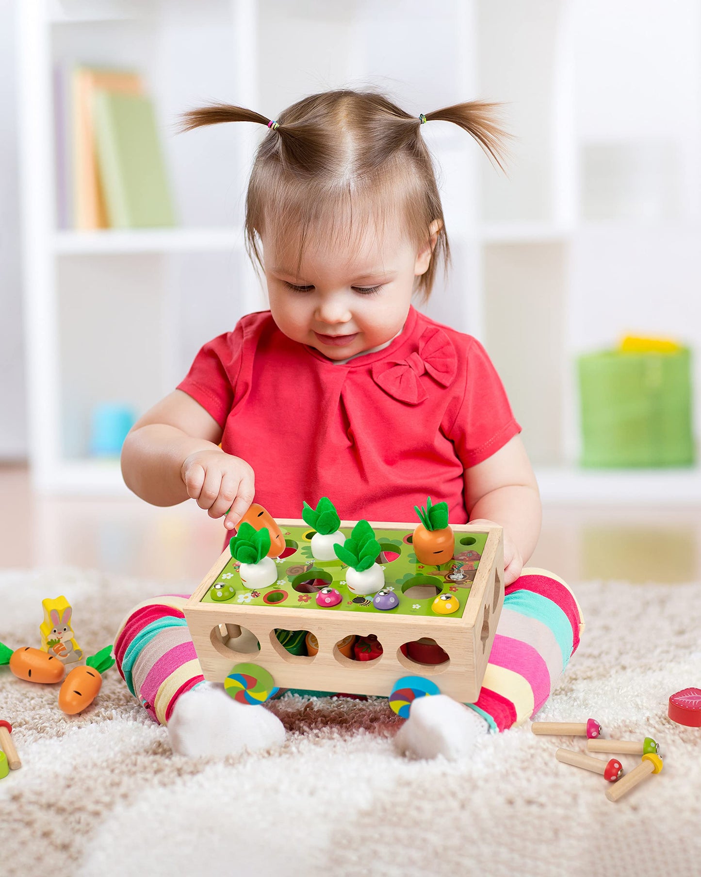Coogam Montessori Fine Motor Toys for Baby Toddler, Wooden Shape Sorter Carrot Harvest Game for Easter Basket Stuffer, Preschool Learning Educational Gift Toy for 3 4 5 Year Old
