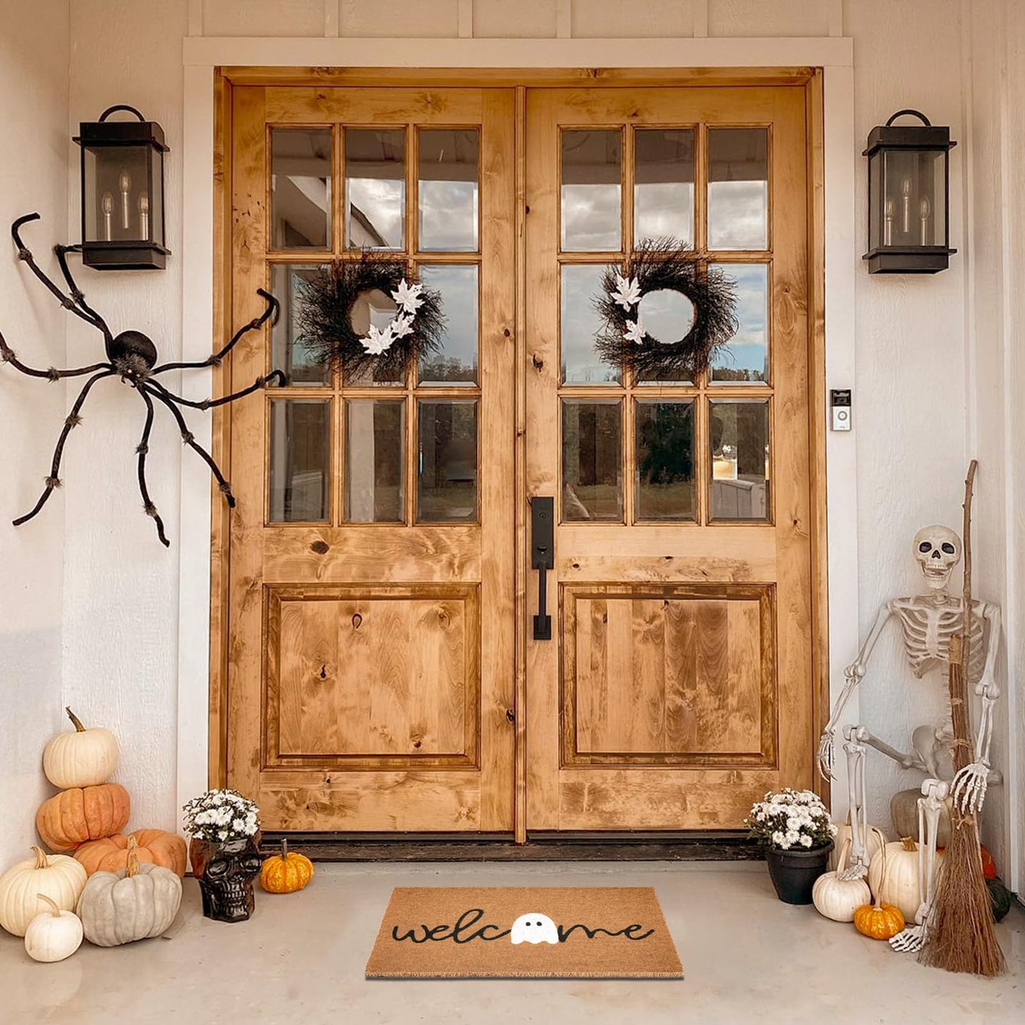 Halloween Ghost Welcome Coir Doormat 17"x30", Outdoor Front Door Mat with Cute Ghost Design, PVC Non Slip Backing, Fall Halloween Welcome Mat for Front Porch Entryway Decor