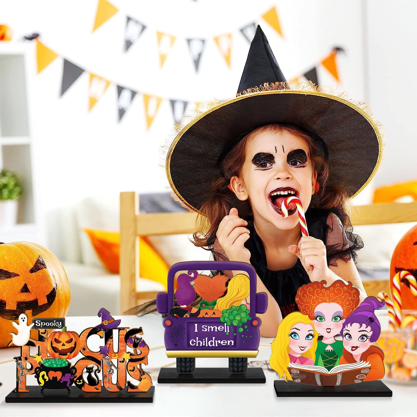 3 Pieces Hocus Pocus Halloween Table Sign Decorations, Halloween Witch Sisters Wooden Centerpiece Table Signs Truck I Smell Children for Kitchen Home Halloween Party Supplies