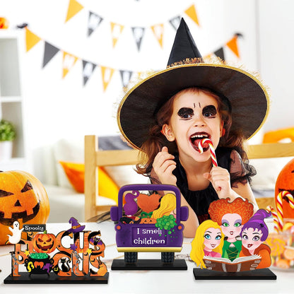 3 Pieces Hocus Pocus Halloween Table Sign Decorations, Halloween Witch Sisters Wooden Centerpiece Table Signs Truck I Smell Children for Kitchen Home Halloween Party Supplies