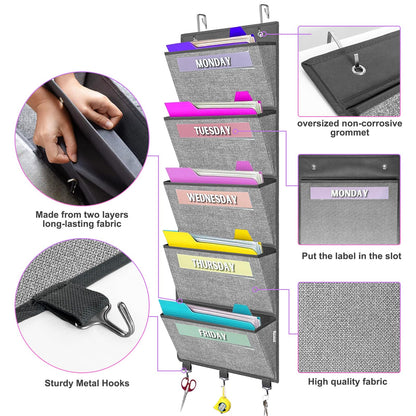 homyfort Over the Door hanging File Organizer, Weekly Hanging File Folders, Wall Organizers and Storage for Mail, Magazine, Notebooks, Office, Classroom, 5 Large Pockets, 50.39” Tall, Grey