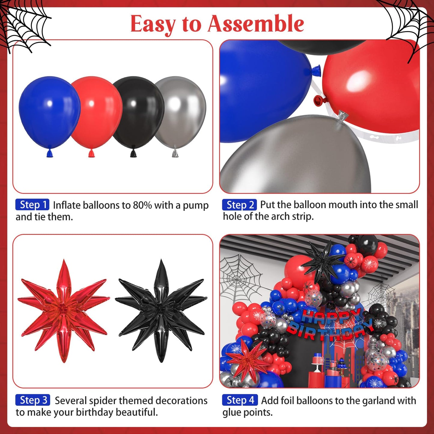 162Pcs Black Red and Blue Balloon Arch Garland Kit, Spider Theme Party Decorations with Star Foil Balloons Happy Birthday Banner for Man Boy Kids Spider Baby Shower Birthday Party Decor Supplies