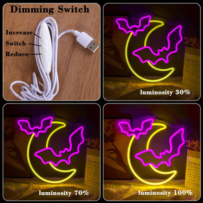 Halloween Decorations Neon Signs, Moon and Bat LED Light,Neon Light up Halloween Party, USB Powerd Gothic Neon Lamp for Festival Wall Decor, Bar, Bedroom,Living room, Wedding,Halloween
