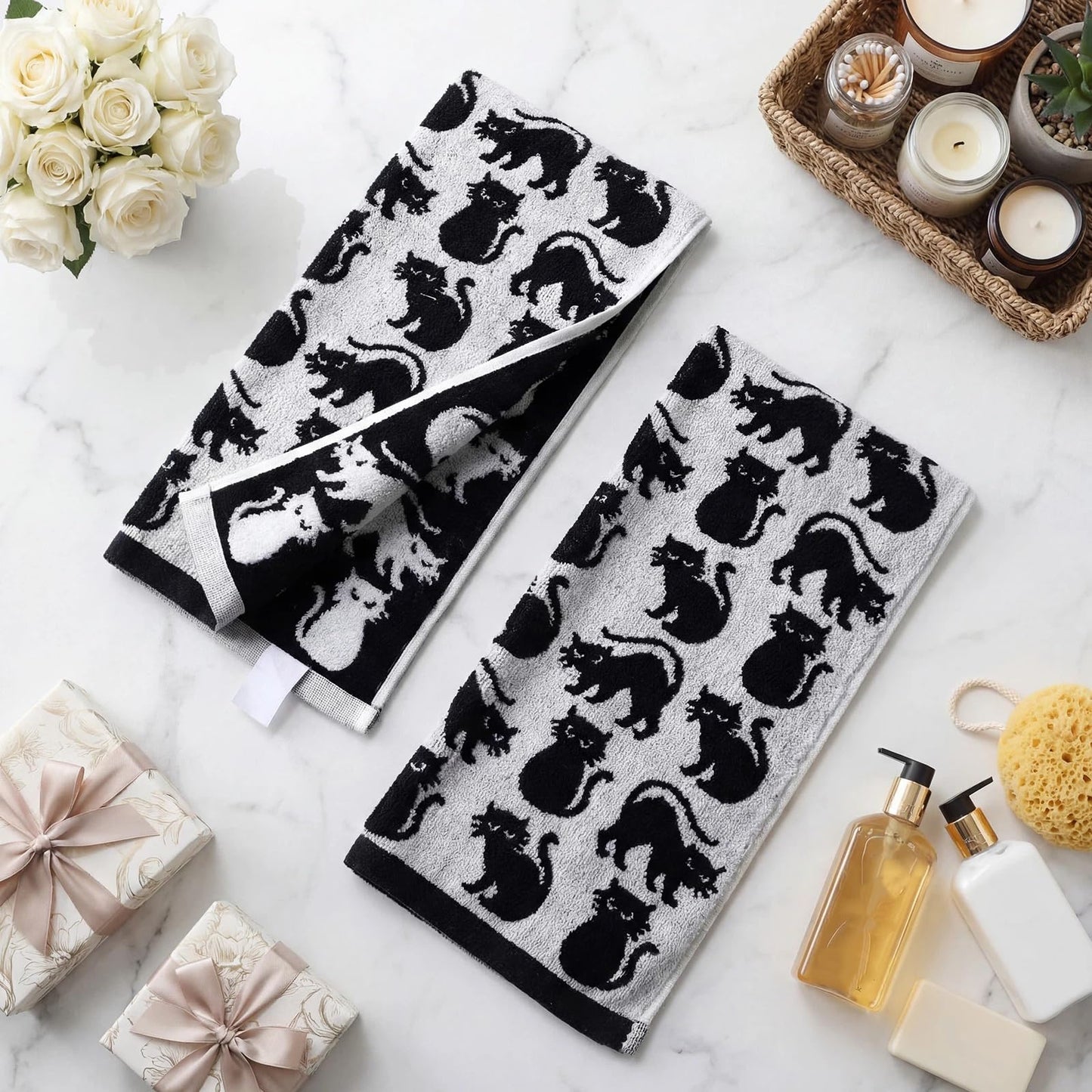 Breling 2 Pcs Cat Hand Towels Black White Cute Kitty Bathroom Towels 100% Cotton Highly Absorbent Soft Kitchen Dish Decorative Gifts for Cat Lovers Halloween Holiday Decorations, 13 x 29 Inch