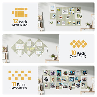 Large Cork Board for Wall 36" x 48" Sage Bulletin Board with Safe Removable Adhesive Squares for Pictures Photos, Alternative CorkBoard Felt Pin Boards Tiles for Office Classroom Wall Decor - 12 Pack