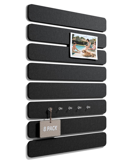 Fluxynara Cork Board Alternative Felt Strip Board 8-Pack 13"x2", Office Pin Board with 50 Push Pins, Adhesive Install for Bedroom Door & Home Office (Black)