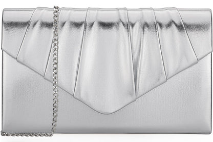 Venoline Women Evening Clutch Purse - Shimmering Metallic PU Leather Pleated Flap Envelope Handbag for Wedding Prom Party Silver