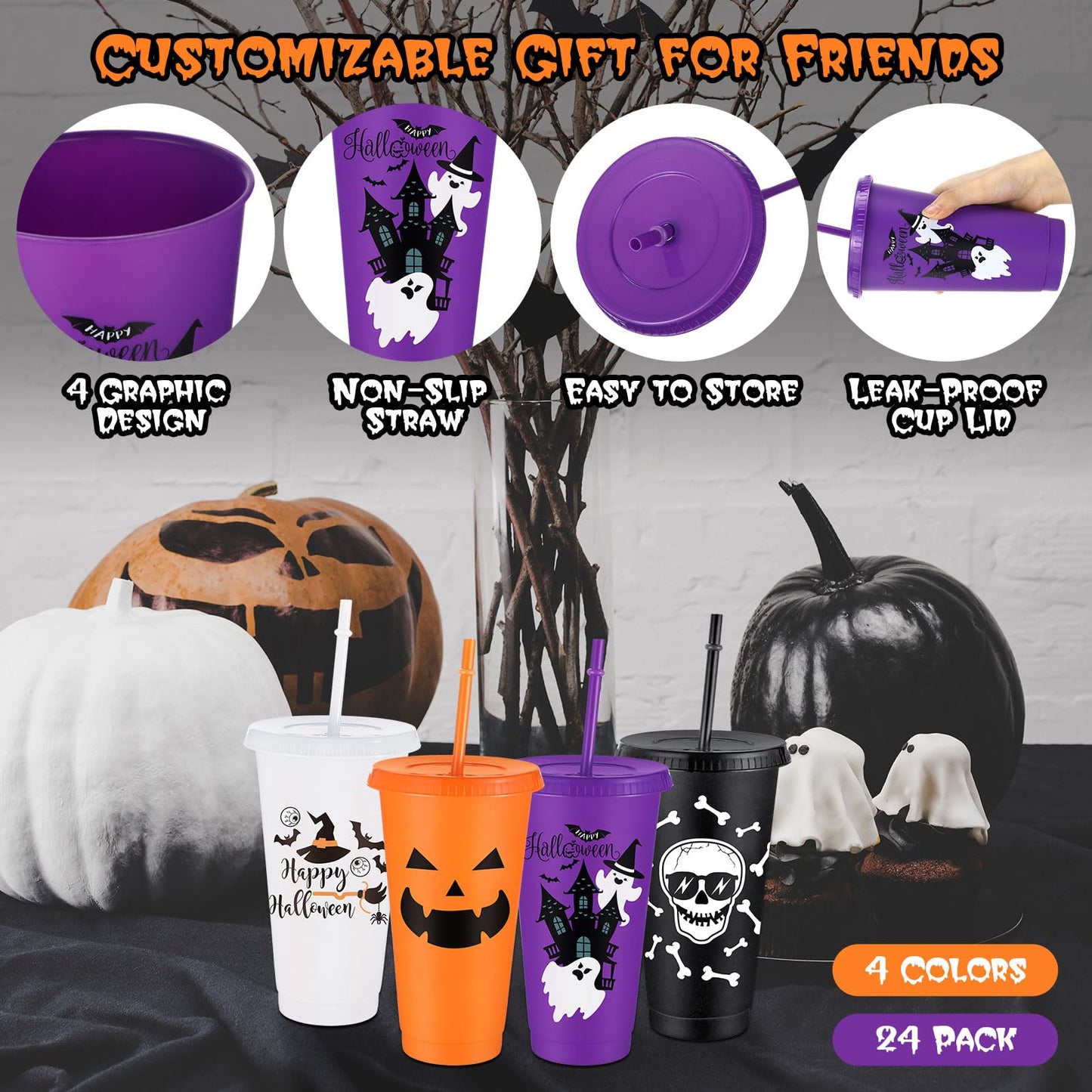 Umigy 24 Pcs Halloween Plastic Cups with Lids and Straws 4 Styles Pumpkin Ghost Skull Bat Tumblers Reusable Halloween Party Cups for Kids Adults Birthday Party Favors Supplies