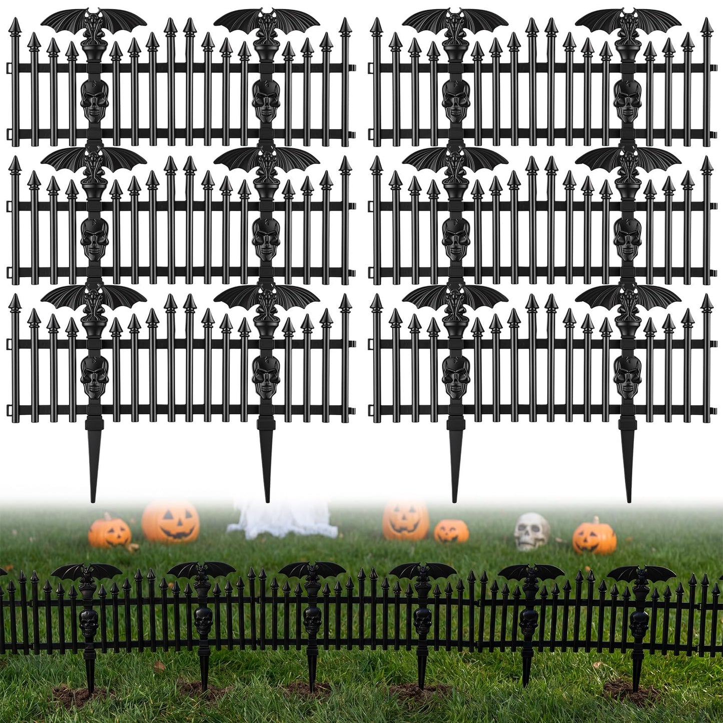 Sintuff 6 Pack Halloween Garden Fence Decoration, 18.5" x 12" Spooky Bat and Skull Decorative Plastic Fence Panel, Gothic Outdoor Yard Prop for Graveyard Scene Path Borders Haunted House Party Decor
