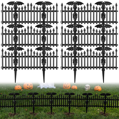 Sintuff 6 Pack Halloween Garden Fence Decoration, 18.5" x 12" Spooky Bat and Skull Decorative Plastic Fence Panel, Gothic Outdoor Yard Prop for Graveyard Scene Path Borders Haunted House Party Decor