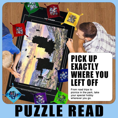 GOECI Puzzle Mat Roll Up with 8 Sorting Trays & Storage Gift Box, Large 46x26 Inch Puzzle Board for 500-1500 Pieces, Portable Puzzle Saver Kit with Travel Bag, Sturdy Box & Straps for Adults Black