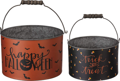 Primitives by Kathy Halloween Metal Buckets, Set of 2, Trick or Treat, Happy Halloween