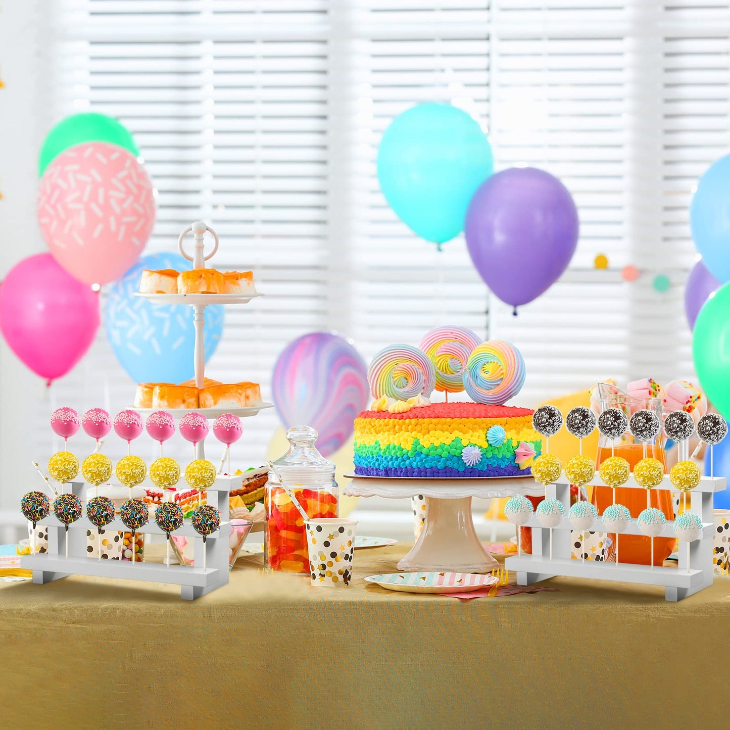 Tuanse 2 Pack Wooden Cake Pop Stand 3 Tier Cake Pop & Lollipop Display Holder with 100 Treat Bags Lollipop Sticks and Gold Twist Ties for Dessert Table Wedding Baby Shower Birthday Party(Wood)