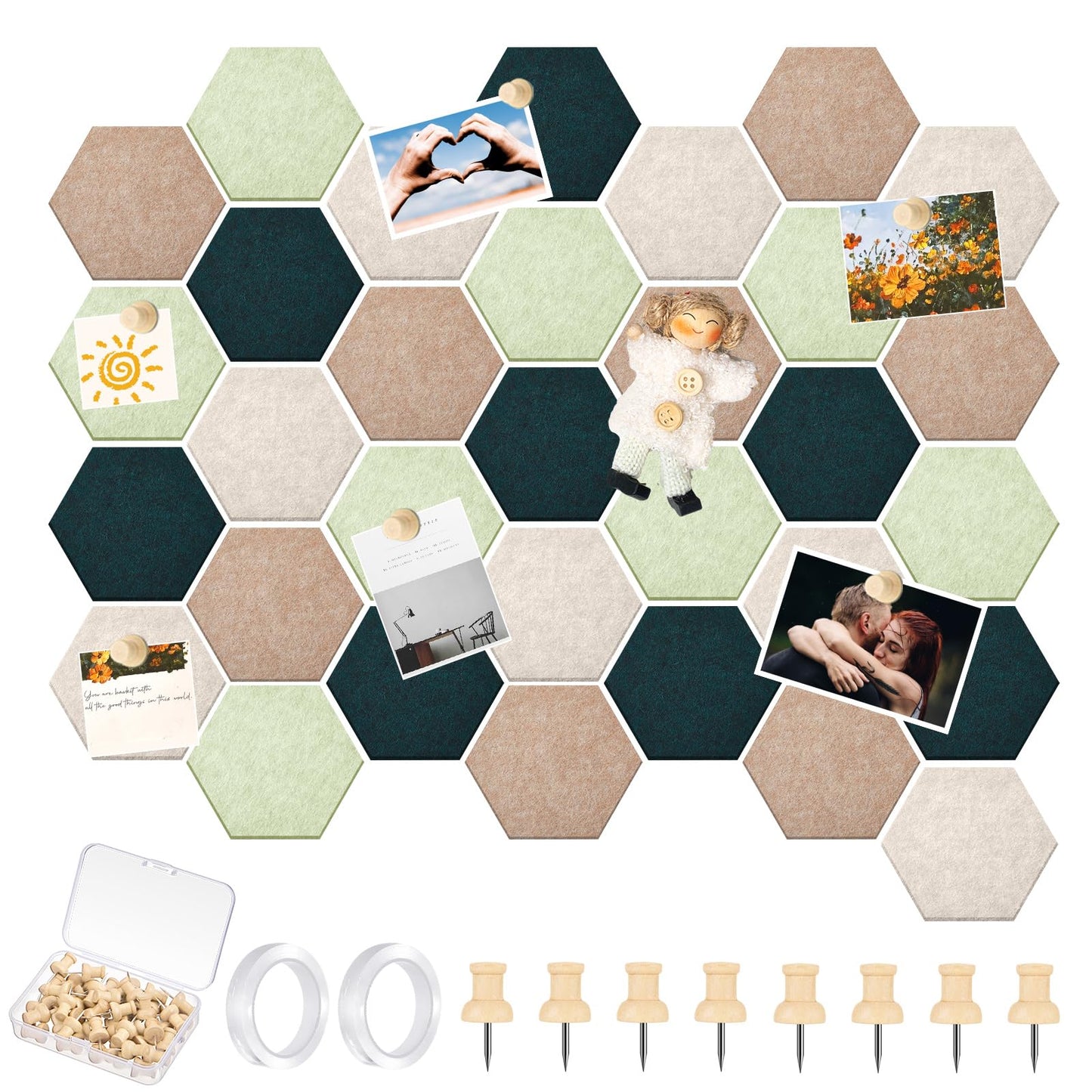 Mindsoft 32 Pcs 6'' x 7'' Hexagon Felt Cork Board Tiles with 50 Wooden Push Pins, Felt DIY Bulletin Board with 4 Tape for Office School Home Wall Decor Stickers Memos Photos Display