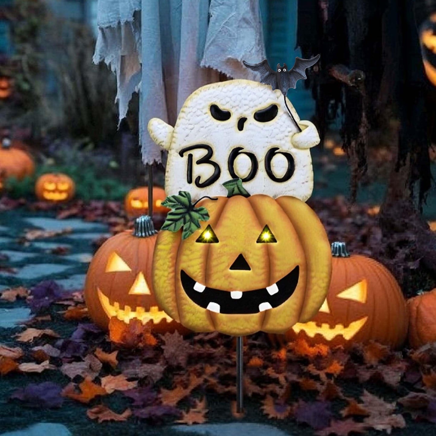 TERESA'S COLLECTIONS Metal Halloween Yard Stakes, Halloween Decorations for Outdoor with Ghost Pumpkins Solar Light, Stacked Jack-o-Lantern Garde Stakes Decor for Pathway Patio Party, 25"