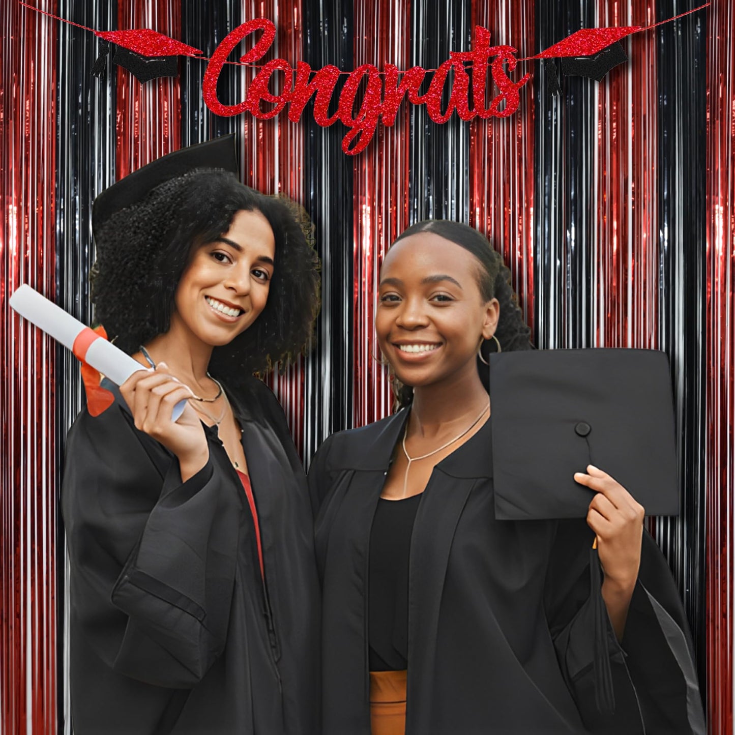 BRAVESHINE Tinsel Photo Backdrop Curtains - 2 Pack 3.2x8.2ft Black Red Foil Fringe Streamer Curtain for Graduation/Stranger/Men/Birthday/Bachelorette/Anniversary/Home/Office/Indoor/Outdoor Decorations