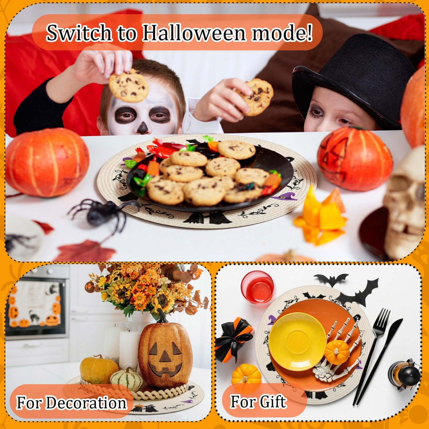 Remerry 6pcs Halloween Round Placemats Embroidered Pablemats Seasonal Autumn Holiday Table Mats Heat-Resistant for Halloween Party Home Kitchen Dining Restaurant Decoration Gift