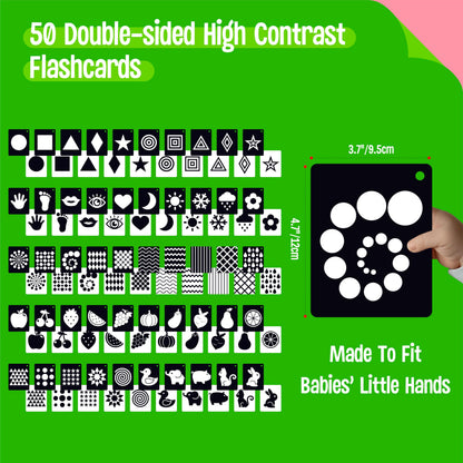 50PCS High Contrast Baby Flashcards, 100 Pages Black & White Visual Stimulus Flash Cards, Brain Development Cards Set Montessori Sensory Toys for Infants Newborn Boy Girl Baby Tummy Time (0-3 Months)