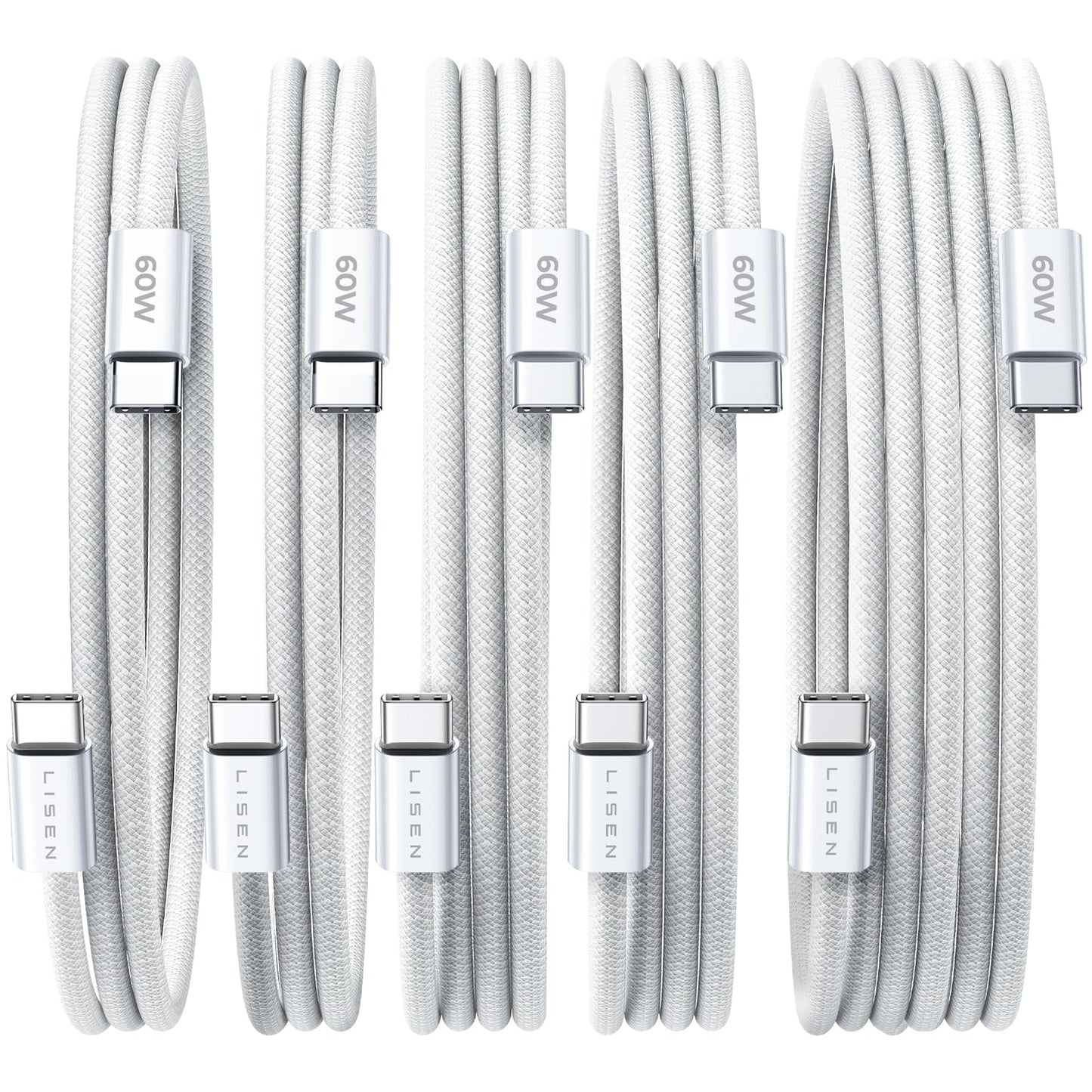 LISEN USB C Cable, 5-Pack [3.3/3.3/6.6/6.6/10FT] for iPhone 17 Charger Cord, 60W USB C to USB C Fast Charging Cable for iPhone 17 Air 16 15 Pro Max, Samsung Z Flip 7/S25/S24, Switch 2, iPad, MacBook