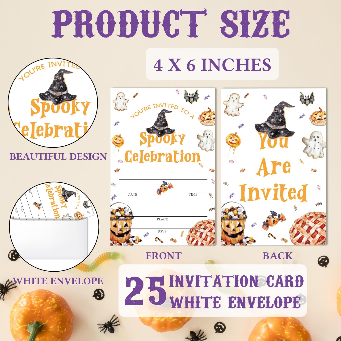 SIXEIGHT Cute Halloween Party Invitations, Funny Ghost Pumpkin Halloween Invitations for Boys Girls, 25 Pack Cute Invite Cards with Envelopes, Wedding Birthday Baby Shower Party Decorations-E10
