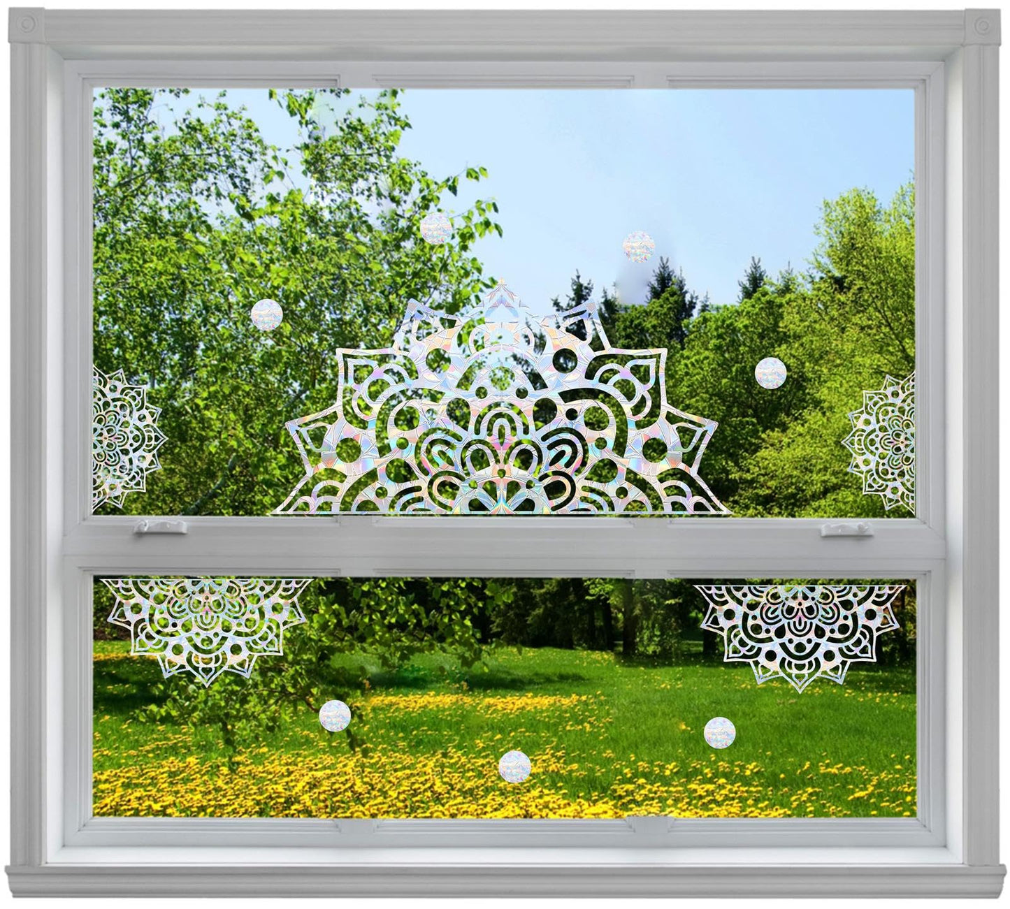 Large Mandala Window Clings for Glass Windows Big Mandala Window Stickers Lotus Flower Window Decals Static Cling Anti-Collision Window Stickers for Bird Strikes Sun Catcher Rainbow Stickers