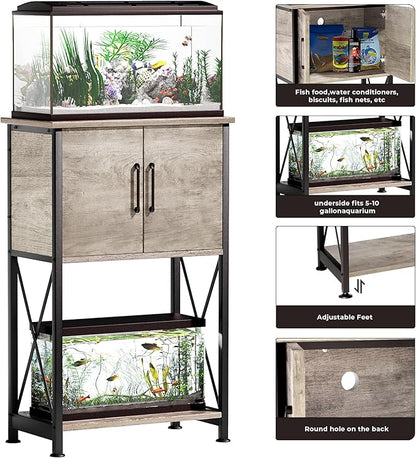 Herture 5-10 Gallon Fish Tank Stand, Metal Double Aquarium Stand with Cabinet for Fish Tank Accessories Storage, Heavy Duty 20.5" L* 11.02" W Tabletop, 500LBS Capacity Grey PG06YGZ